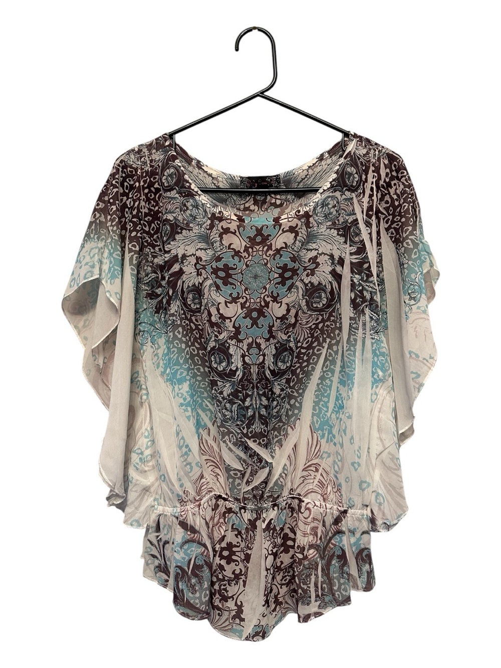 Vintage Y2K Body Central Sheer Flutter Blouse w/ Bohemian Style Art Pattern S/M
